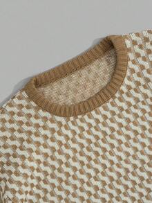 RueChic Men Geometrical Knitted Crew Neck Regular Sweater - Brown - View 3