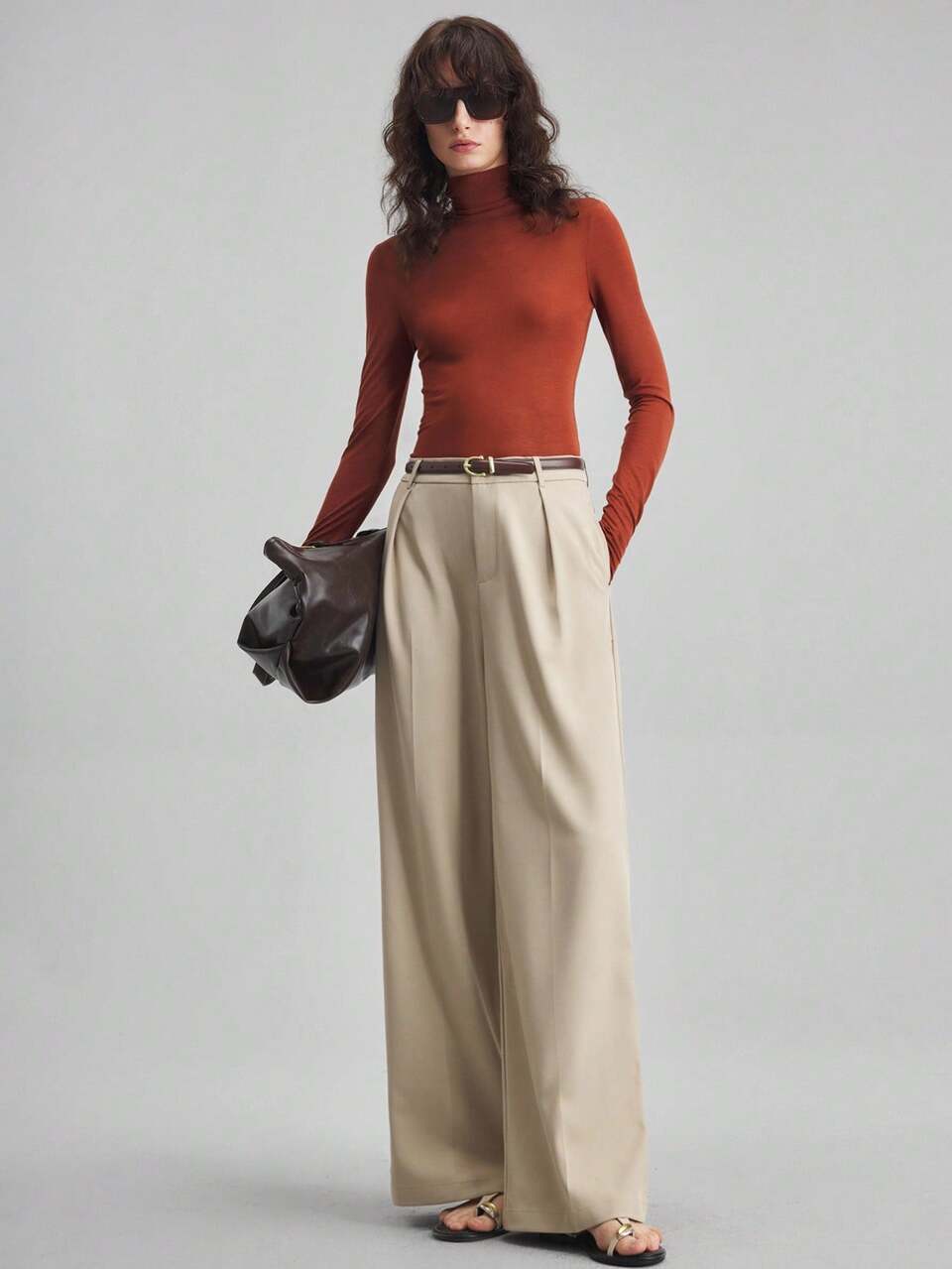 Women's Rust Brown Autumn Turtleneck Slim Fit Top,Effortless Chic Office Wear,High-End Material Wool Blend Old Money Style Urban Commuting Casual Tee