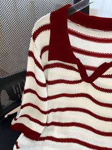 GlowEve CURVE Plus Size Colorblock Striped Casual Knit Top - Burgundy - View 4