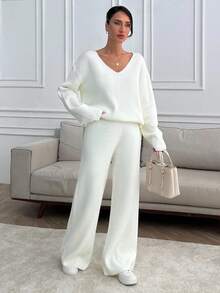 SHEIN Tall 高个女款V领宽松毛衣和针织裤套装