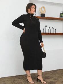 RueChic 100% Cotton Turtleneck Ribbed Knit Sweater Dress - Black - View 3