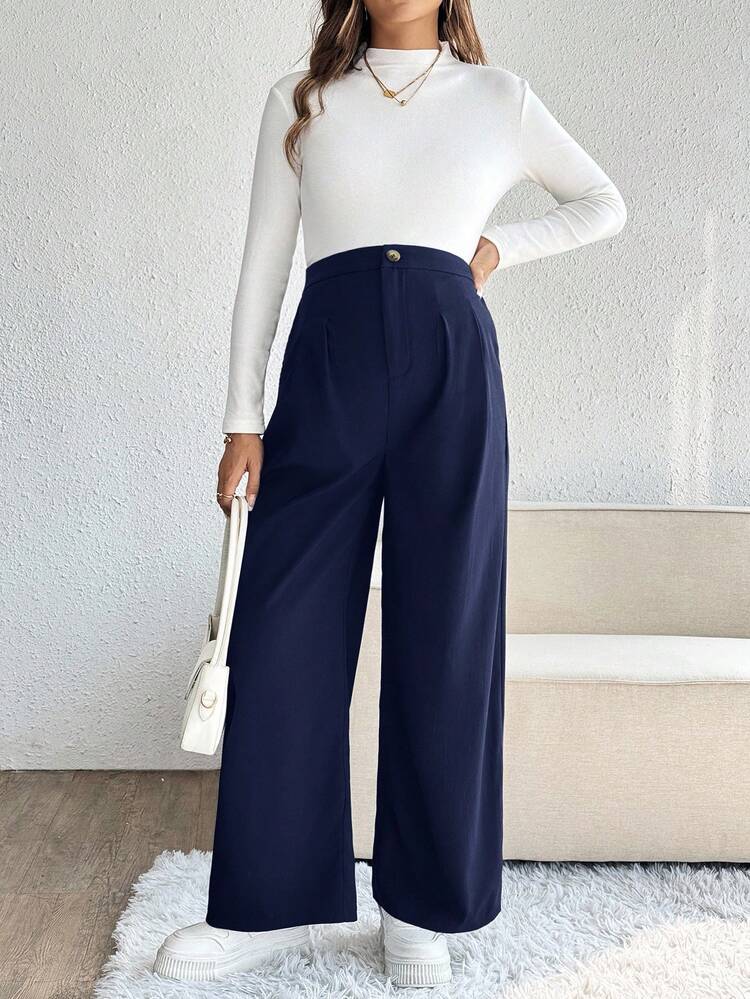 SHEIN Solid Color Casual Everyday Versatile Wide Leg Button Maternity Pants Maternity Dress Pants Navy Blue Pants Pregnancy Pants Palazzo Pants Women Women Wide Leg Pants - Navy Blue - View 6