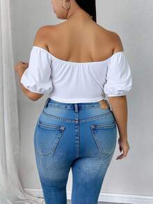 SHEIN Unity Áo thun lửng tay bồng hở vai cỡ lớn cho nữ, màu trơn - trắng - Xem 2