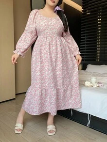 Dazy Plus Váy ngủ nữ cỡ lớn họa tiết hoa nhí dáng rộng thanh lịch cổ vuông, mùa đông, váy ngủ Moo Moo. - Hồng - Xem 3