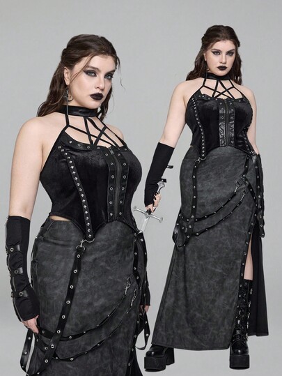 EDITION Plus Size Gothic Five-Pointed Star Element Spaghetti Strap Leather Rivet Webbing Vest, Plus Size Gothic Autumn/Winter Spaghetti Strap Top, Plus Size Gothic Christmas Autumn/Winter Camisole Vest, Plus Size Gothic Party Dinner Vintage Dark Ladies Spaghetti Strap Vest