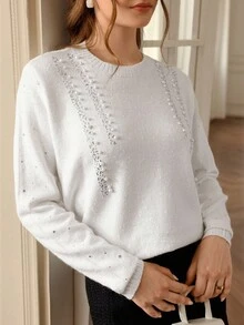 Chiquease New Beaded Embellished Fashionable Elegant Knit Top - White - View 6