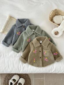 SHEIN 女婴厚羊毛刺绣花领外套夹克，秋冬 - 杏色 - 查看 4