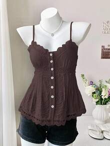 Comfortcana Camiseta de tirantes de talla grande de unicolor de verano con contraste de encaje y botones delanteros - Marrón - Ver 6