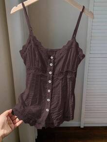 Comfortcana Camiseta de tirantes de talla grande de unicolor de verano con contraste de encaje y botones delanteros - Marrón - Ver 9