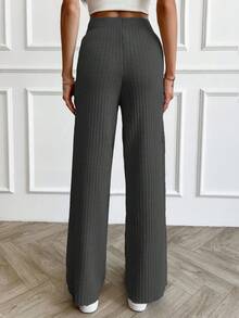 SHEIN Women's Rib Knitted Straight High Waist Knit Pant - Dark Grey - View 2