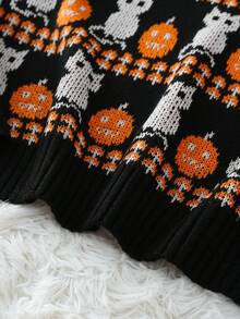 Elamini Halloween Dark Women Crew Neck Cat & Pumpkin Pattern Knitted Sweater Top - Multicolor - View 5