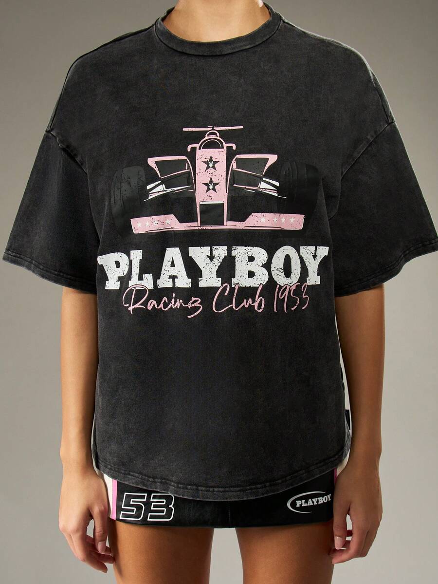 Missguided x Playboy 复古赛车美学超大做旧T恤，怀旧俱乐部图案设计，复古水洗都市街头服饰，节日时尚 - 黑色 - 查看 1
