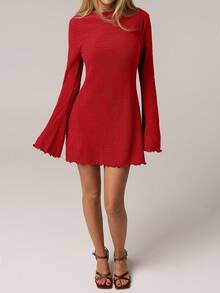 SHEIN Forever 21 1 chiếc váy tay loe thanh lịch màu trơn thường ngày dành cho nữ, mùa xuân/hè - Đỏ - Xem 3