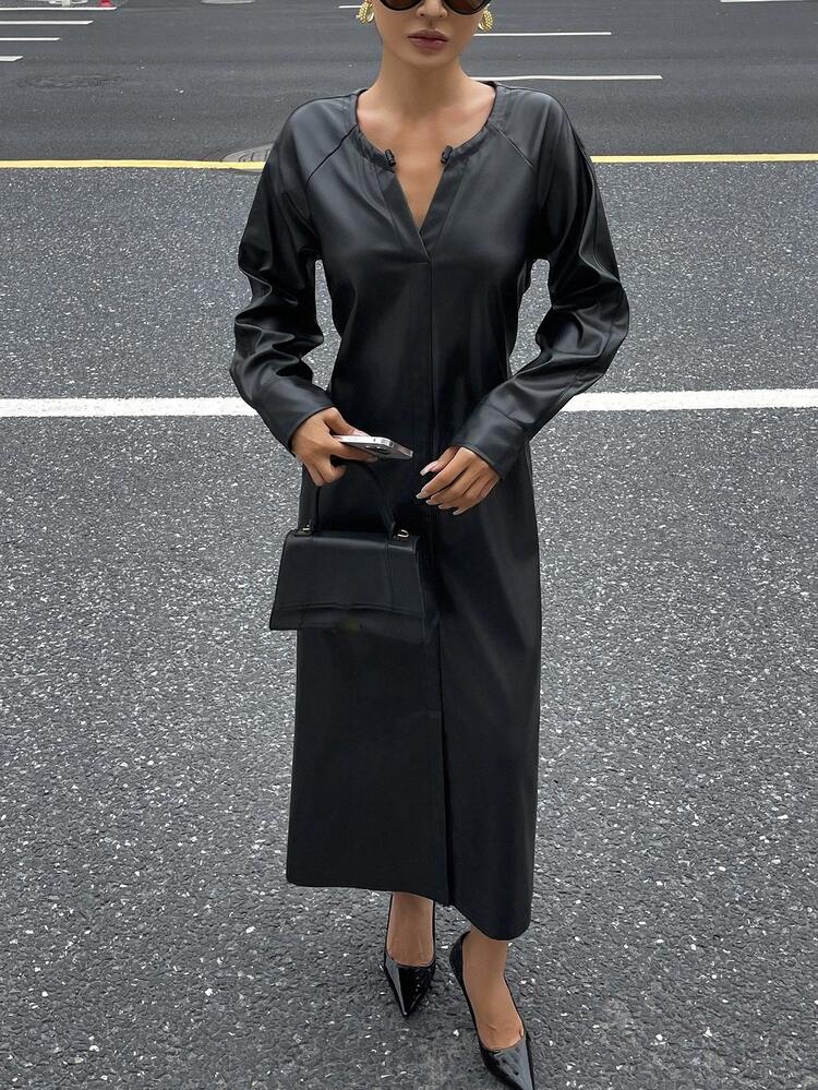 Casual Solid Color Long Sleeve Waist Tie Midi Dress For Women