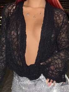 Bearsaez Extreme Cowl Neck Textured Lace Long Sleeve Flared Cuff Top Only Sexy Cute Ibiza Spring Summer Club Vacation Holiday Boho Occasion Beachwear Festival Summer Holiday Festival Rave Going Out Top