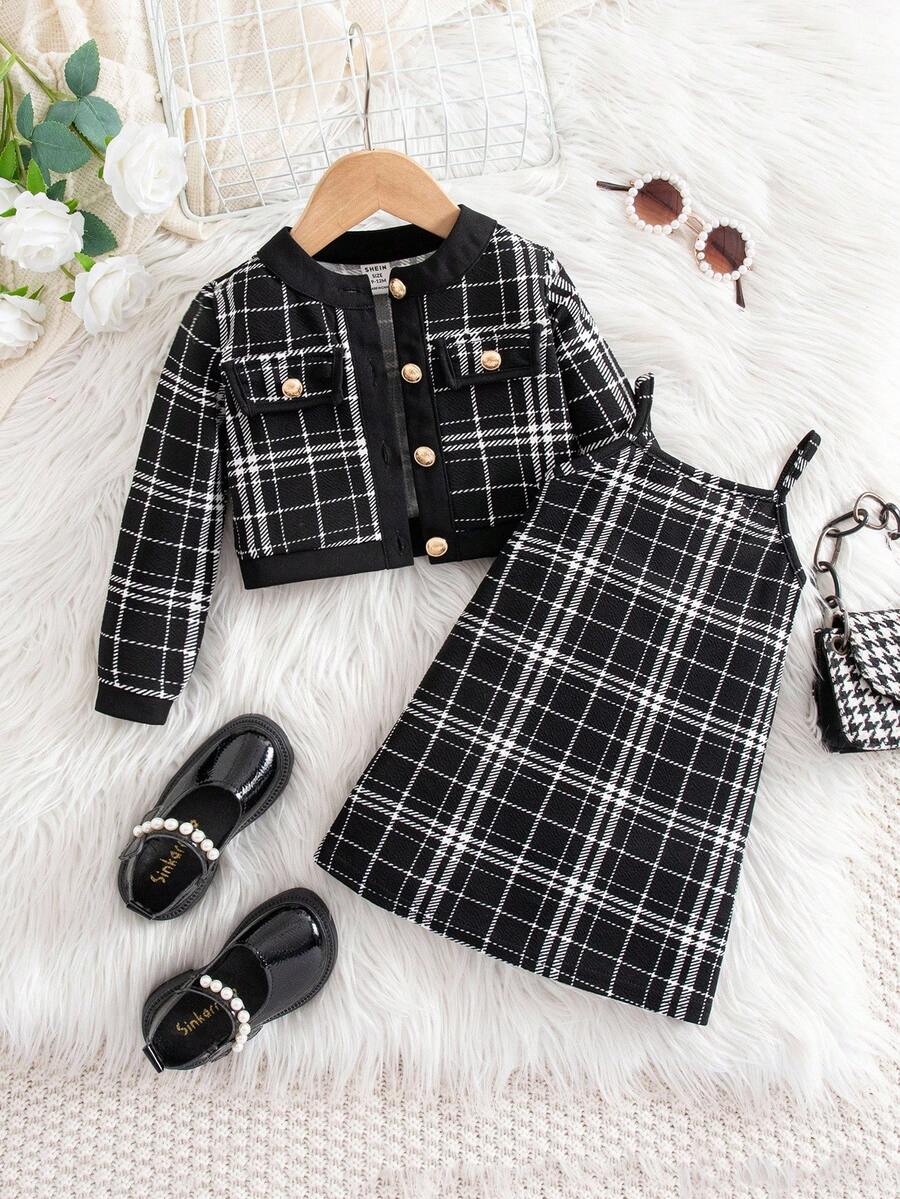 SHEIN 2 件套女婴可爱黑白千鸟格背带裙和夹克套装，秋冬 - 彩色 - 查看 1
