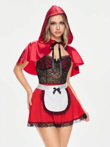 ROMWE Avant 4pcs Halloween Cosplay Mushroom Girl Cloak Set, Lace & Satin Patchwork Bowknot Decor Wireless Bra Costume - Multicolor - View 5