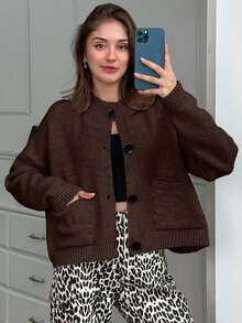 Damen weiche, warme und gemütliche Rundhalskardigan mit Knopfverschluss, 2 Taschen, Drop-Shoulder, ideal für kühle Tage