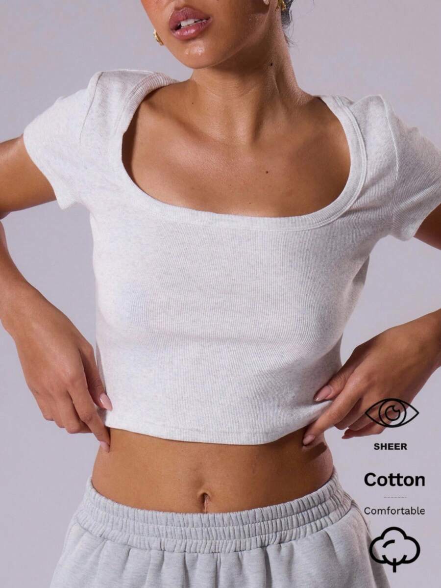 MUSERA 女士纯色圆领短袖露脐上衣休闲T恤度假必备单品机场休闲秋季返校季优雅春夏 - 灰色 - 查看 1