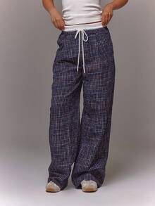 MUSERA Checkered Contrast Drawstring Waist Wide Leg Loose Fit Trousers Summer Streetwear Y2k Cool Girl City Muse Vacation Work Office Fall Autumn  Elegant Casual - Navy Blue - View 4