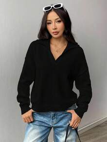 Flirla 女式纯色翻领落肩长袖休闲宽松毛衣，秋冬 - 黑色 - 查看 3