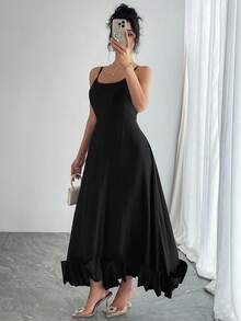 DAZY Women's Spaghetti Strap Bodycon Puff Skirt A-Line Dress - Black - View 2