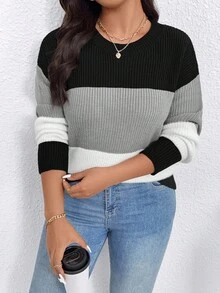 SHEIN 大码女式撞色圆领珍珠针织毛衣，冬季 - 彩色 - 查看 7