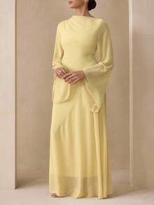 Modelyn 优雅雪纺柔和色女士连衣裙，适合教师，开学季，加大码，秋季 - 淡黃色 - 查看 4