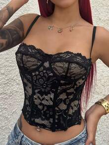 Bearsaez Sexy Lace See-Through Cami Top, Party, Date, Casual, Commute, Cute Bralette, Sexy Club Top, Corset Top, Strapless Top, Going Out Summer Cute Lace Top, Halloween Clothes,Halloween Costume - Black - View 4