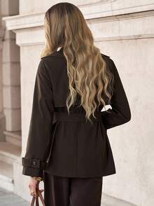SHEIN Clasi Women's Solid Color Double-Breasted Trench Coat, Commuter Style In Autumn/Winter,Fall - Coffee Brown - View 5