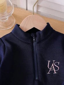 SHEIN 女婴休闲简约字母刺绣长袖连体衣 - 寶藍色 - 查看 5