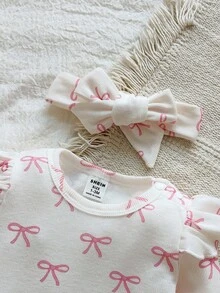SHEIN 情人节新生儿爱心印花连体衣，舒适针织休闲连体衣，含发带，秋冬季款 - 粉色 - 查看 3