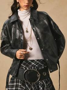 Easelle 复古游牧风格镂空宽松水洗做旧设计女式常规外套西部风女式短款皮衣女式皮衣摇滚女式西部风秋冬装 - 深灰色 - 查看 1