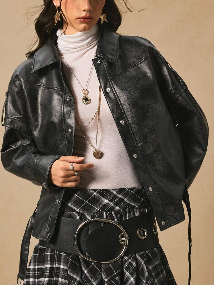 Easelle 复古游牧风格镂空宽松水洗做旧设计女式常规外套西部风女式短款皮衣女式皮衣摇滚女式西部风秋冬装 - 深灰色 - 查看 1