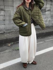 FRIFUL Women's Padded Coat, Contrast Color Collar, Diamond Pattern, Patch Pockets, Loose Casual, Suitable For Women In Autumn Jacket - Green - View 1