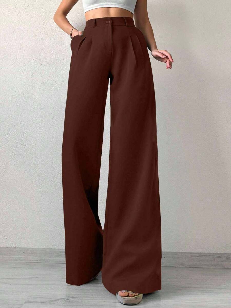 SHEIN Tall Quần ống rộng màu trơn dành cho nữ - màu nâu - Xem 1