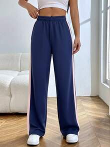 SHEIN EZwear 女式休闲海军蓝撞色侧条纹阔腿运动裤 - 藏蓝色 - 查看 5