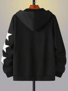 Manfinity EMRG 男士前拉链长袖字母印花口袋休闲连帽卫衣，简约设计外出复古图案拉链连帽衫，送给朋友、丈夫、男友的礼物，秋冬季 - 黑色 - 查看 3