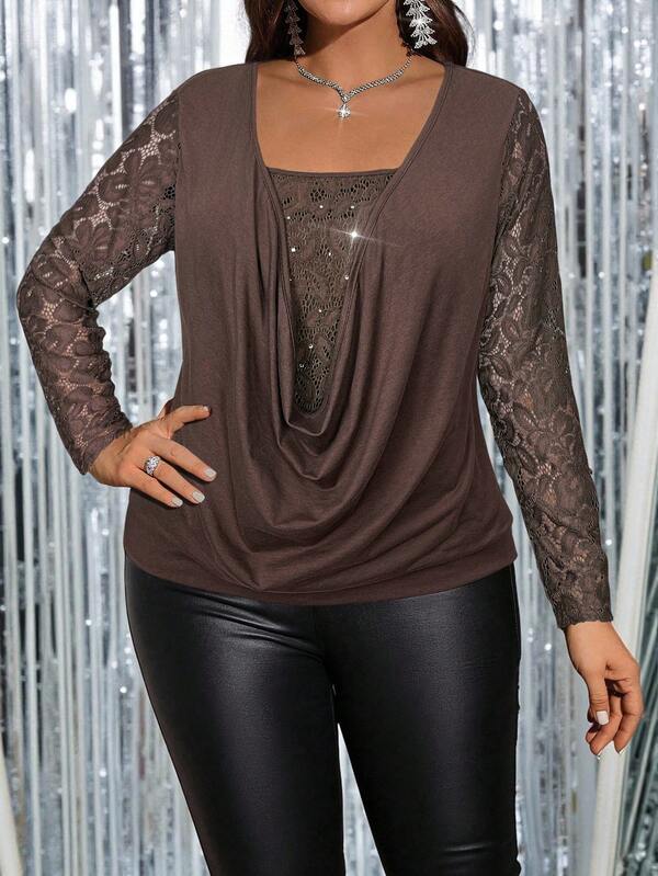 Gownix Plus Size Elegant Contrast Lace Scoop Neck Long Sleeve T-Shirt, Autumn
