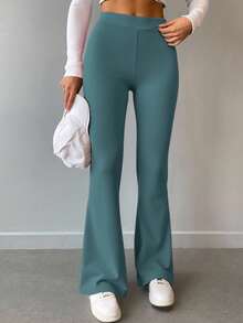 EURMUSE Solid Flare Leg Pants - Green - View 4