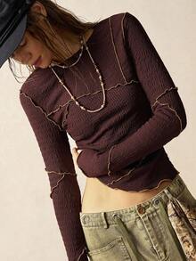 Bohemela Camiseta de manga larga de punto de cuello redondo ajustada de unicolor casual para mujer, otoño - Negro - Ver 2
