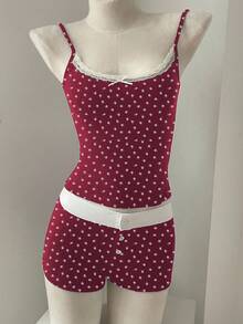 INAWLY 2pcs Women Polka Dot Lace Trim Camisole Top And Mini Shorts Set - Red - View 3