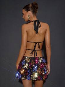 SHEIN BAE Women's Fashionable Sexy Sequin Backless Halter Mini Dress,Autumn Women's Clothing, Winter Women's Clothing, Christmas, Halloween, Thanksgiving, Sequin Party Dress, Disco Dress,Sequin,Sequin Dress ,Luxury Evening Dress For Women,Elegant Dress ,Cocktail Dresses, Colorful Sequined Dresses,Dresses For Women Party,Party Dresses For Women