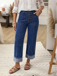 EMERY ROSE Women's Vacation Casual Washed Straight Leg Jeans Casual Street Patchwork Pocket Loose Wide Leg Jeans Women Jeans Baggy Loose Jeans