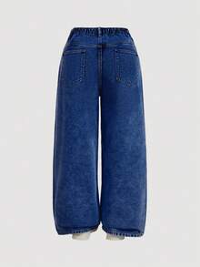 SHEIN MOD Celana Jeans Kasual Kaki Lebar Ukuran Besar dengan Hiasan Rhinestone dan Kantong - Dark Wash - View 2