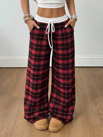 Coolane 女士休闲宽松格纹阔腿裤