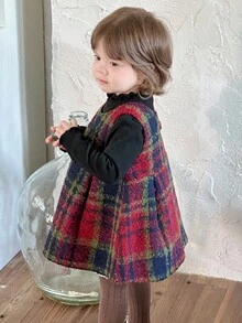 DAZY 女童格子韩版无袖方领中长连衣裙，秋冬圣诞款