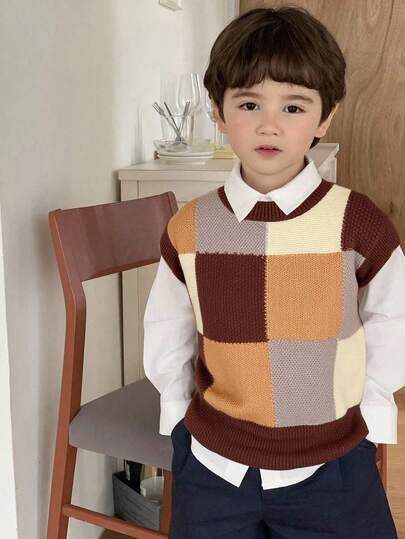 DAZY Young Boys Loose Fit Plaid Knit Sweater, Casual Style For Fall Vest