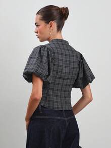 COUREZ Puff Sleeve Check Top /Y2K  Women Clothes  Clothes Cute Tops Going Out Outfits Cute Sexy Steetwear Elegant - Grey - View 2