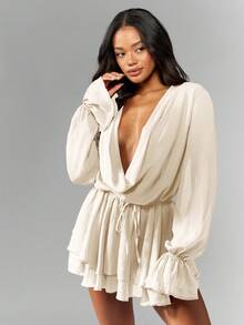 MISSGUIDED Elegant Long Sleeve Mini Dress Ruffled Tiered Chiffon Party Evening Wedding Guest Special Occasion Holiday Ball Gown Formal Wear - Cream - View 5